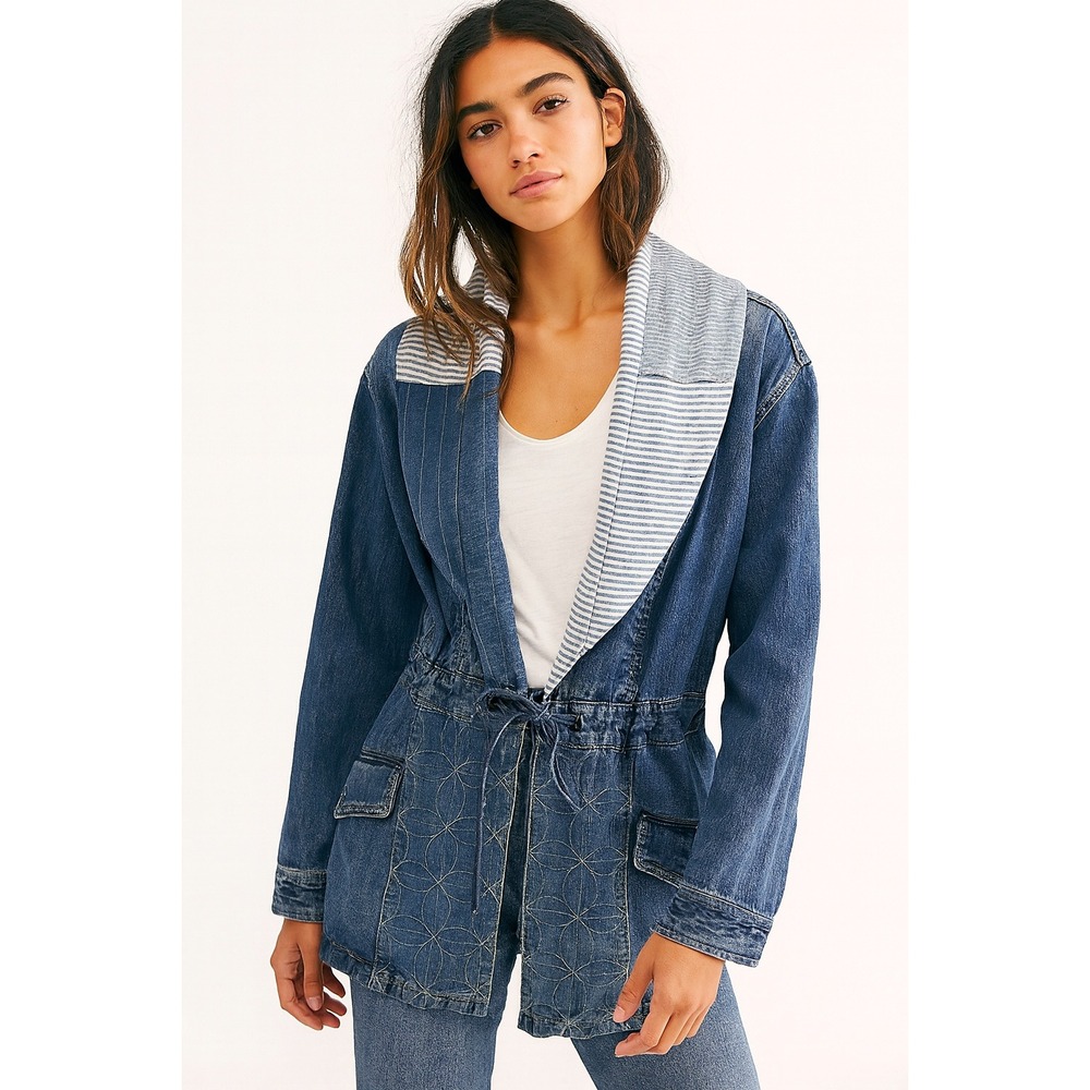 ANTHROPOLOGIE Holding Horses Denim Jacket Anorak Mix Print Collar Western Boho L